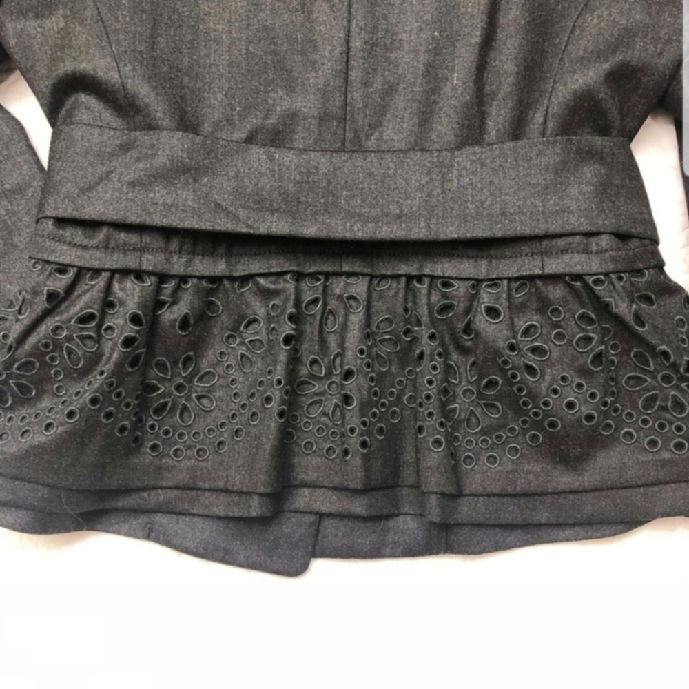 REBECCA TAYLOR Wool Crop Blazer Eyelet Peplum Detail Puff Shoulder Grey Gray XS - Picture 4 of 11